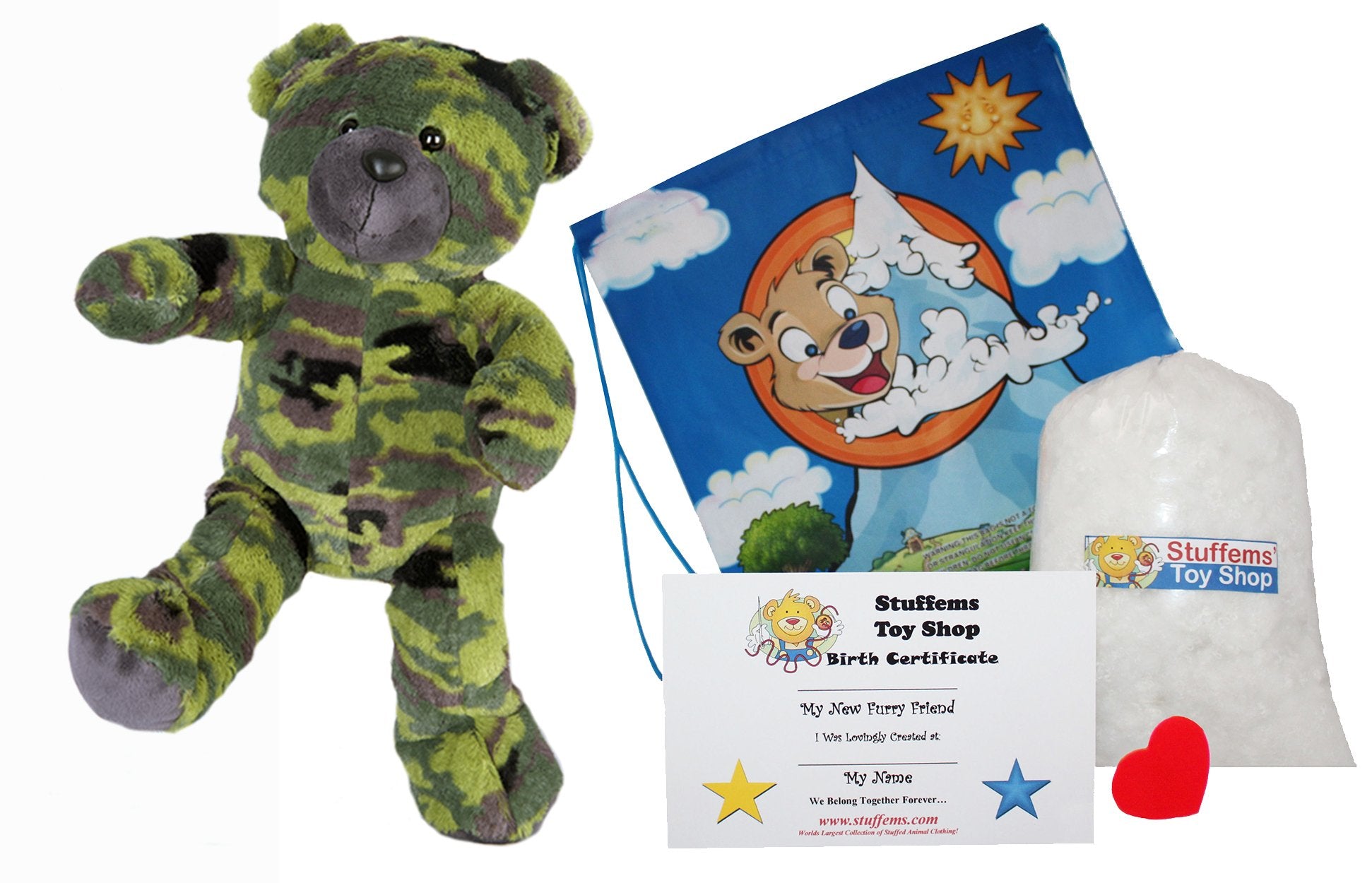 Stuffems Toy Shop Make Your Own Stuffed Animal GI Camo Bear Kit 16"- No Sew - Kit with Cute Backpack!