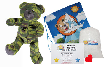 Stuffems Toy Shop Make Your Own Stuffed Animal GI Camo Bear Kit 16"- No Sew - Kit with Cute Backpack!