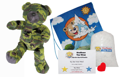 Stuffems Toy Shop Make Your Own Stuffed Animal GI Camo Bear Kit 16"- No Sew - Kit with Cute Backpack!