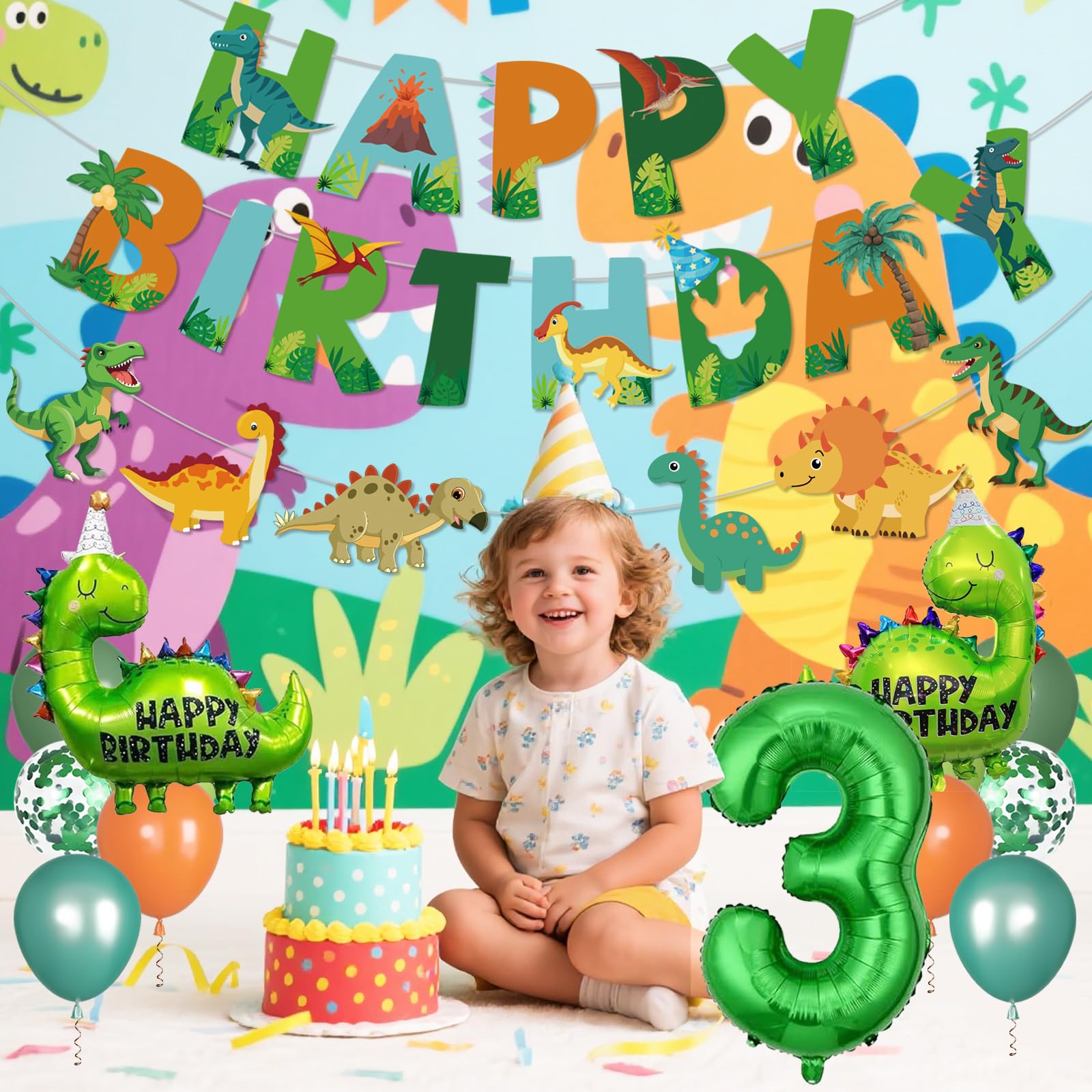 Dinosaur 3rd Birthday Decorations for Boys - Dinosaur Birthday Decorations with Banner Garland Number 3 Dinosaur Balloons for 3 Year Old Dino Party