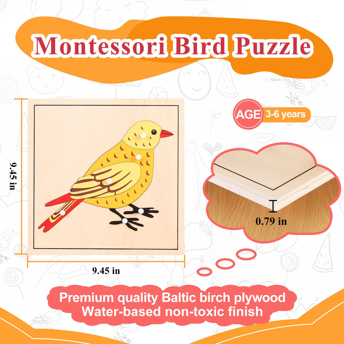 Montessori Bird Anatomy Puzzle, Wooden Body Parts Learning Toy, Preschool Science Puzzle for Kids Ages 3-6, Classroom & Homeschool, Baltic Birch