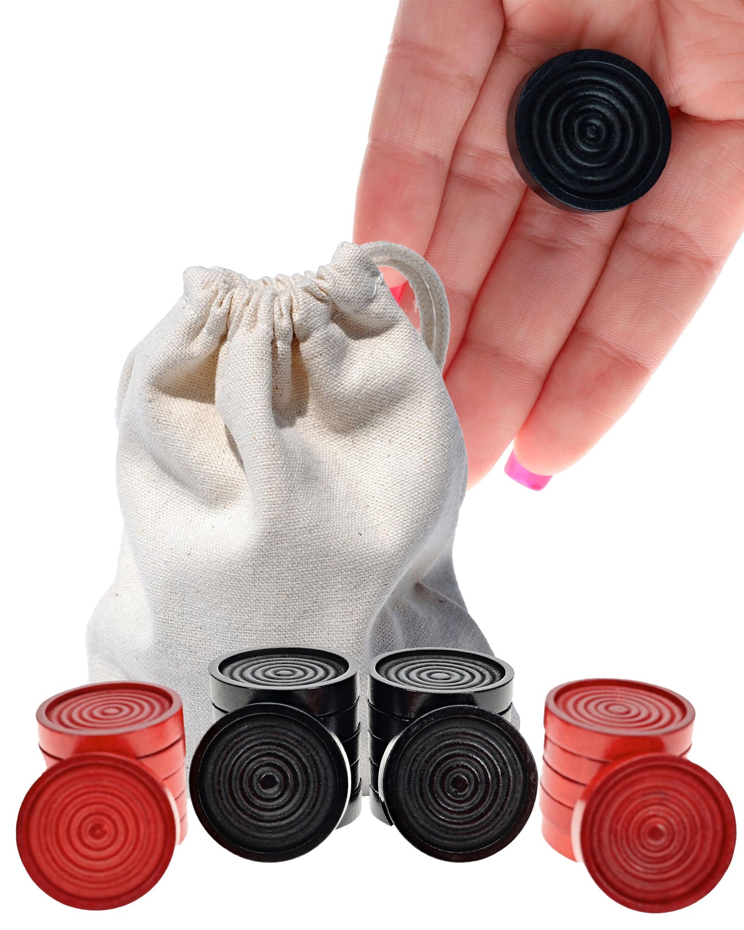 WE Games Wooden Checkers Pieces with Drawstring Storage Bag - 24 Checker Pieces Only - Red & Black, 1.062-inch Diameter