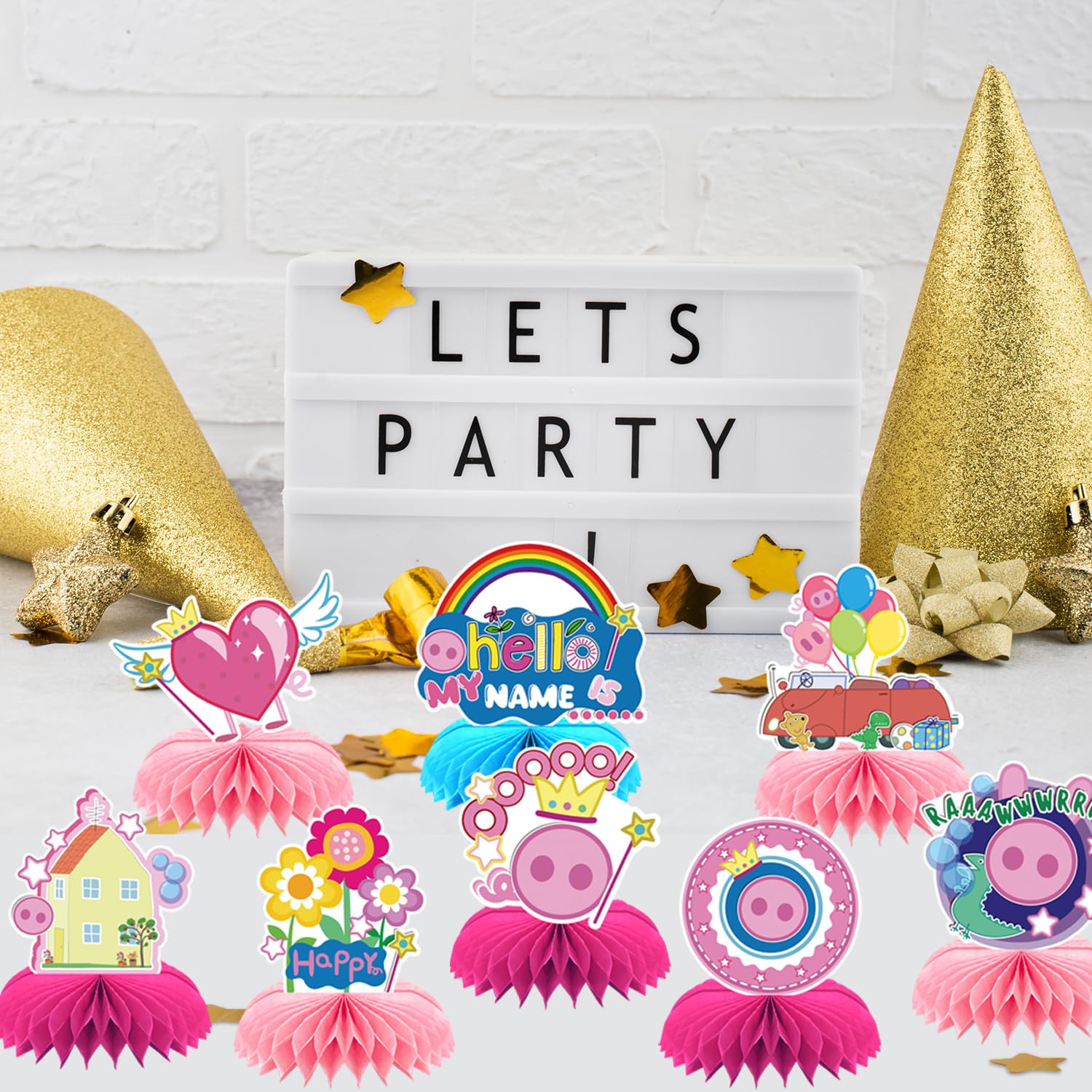 8Pcs Pink Pig Party supplies set Honeycomb Centerpieces Double Sided Table Topper for Birthday Decorations
