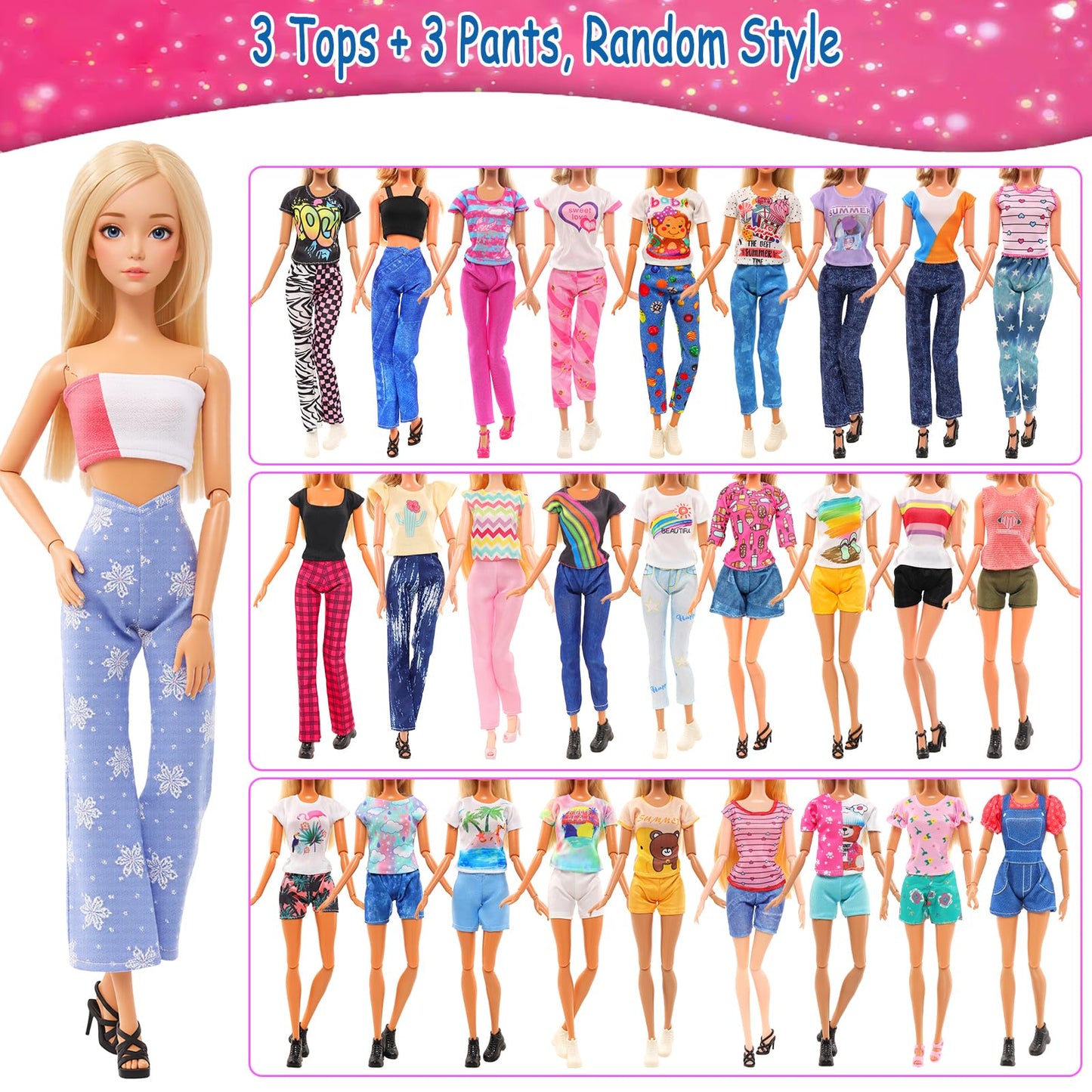 Barwa Lot 36 Items 3 Fashion Dresses 3 Casual Tops and Pants Outfits 6 Pcs Mini Dresses with 1 Bags 10 Shoes, 13 Accessories for 11.5 Inch Girl Doll