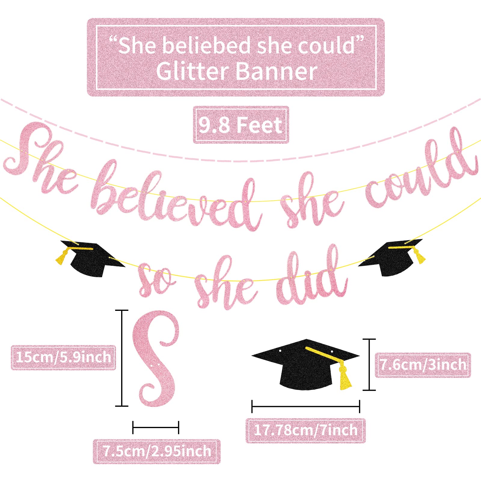 She Believed She Could So She Did Banner Decorations - Pink Glitter She Did It 2024 Garland Graduation Bunting Banner, Congrats Grad Photo Backdrop