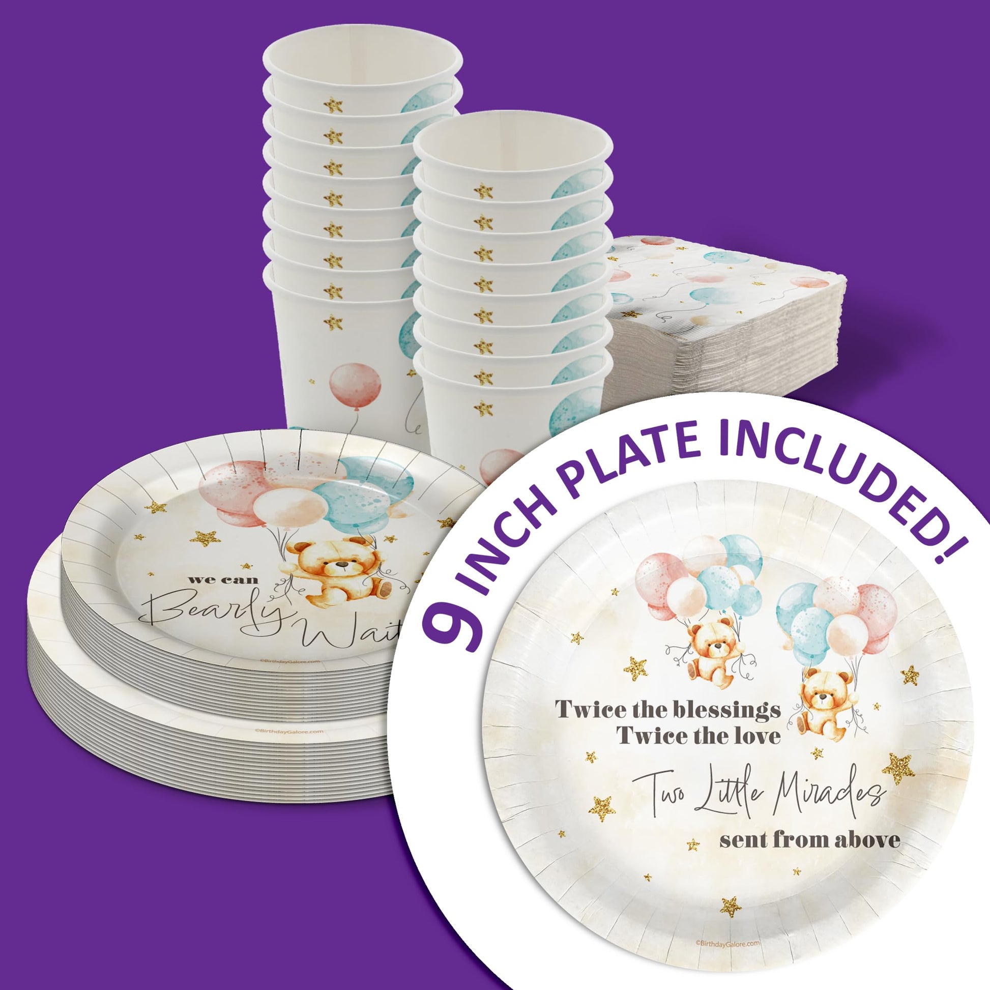 Birthday Galore Twin Teddy Bears Party Supplies - 64 Piece Twins Baby Shower Tableware Set Includes Large 9" Dinner Plates and 8" Dessert Paper Plates