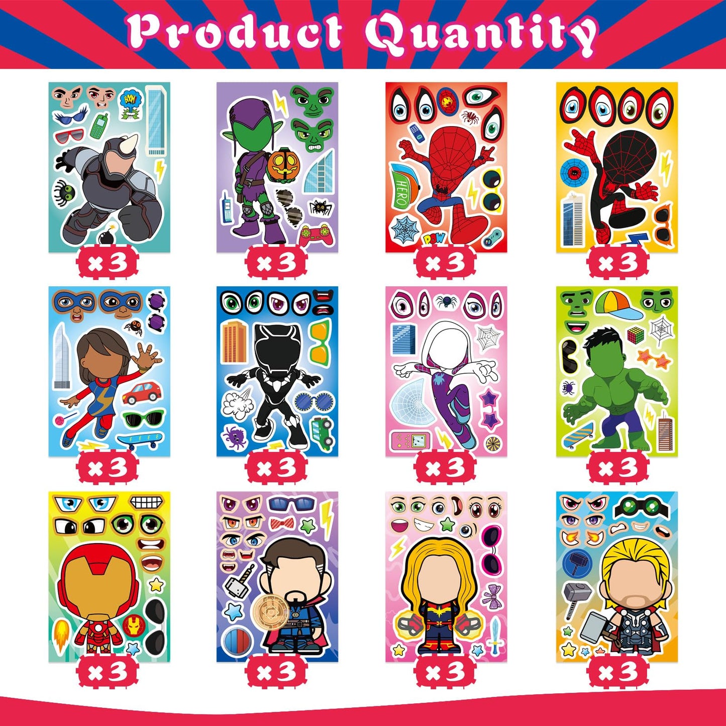 36 Pieces Make-a-face Stickers Pack, Heroes Make Your Own Stickers, Mixed & Matched with 12 Designed Characters(3 of Each) for Party Decoration