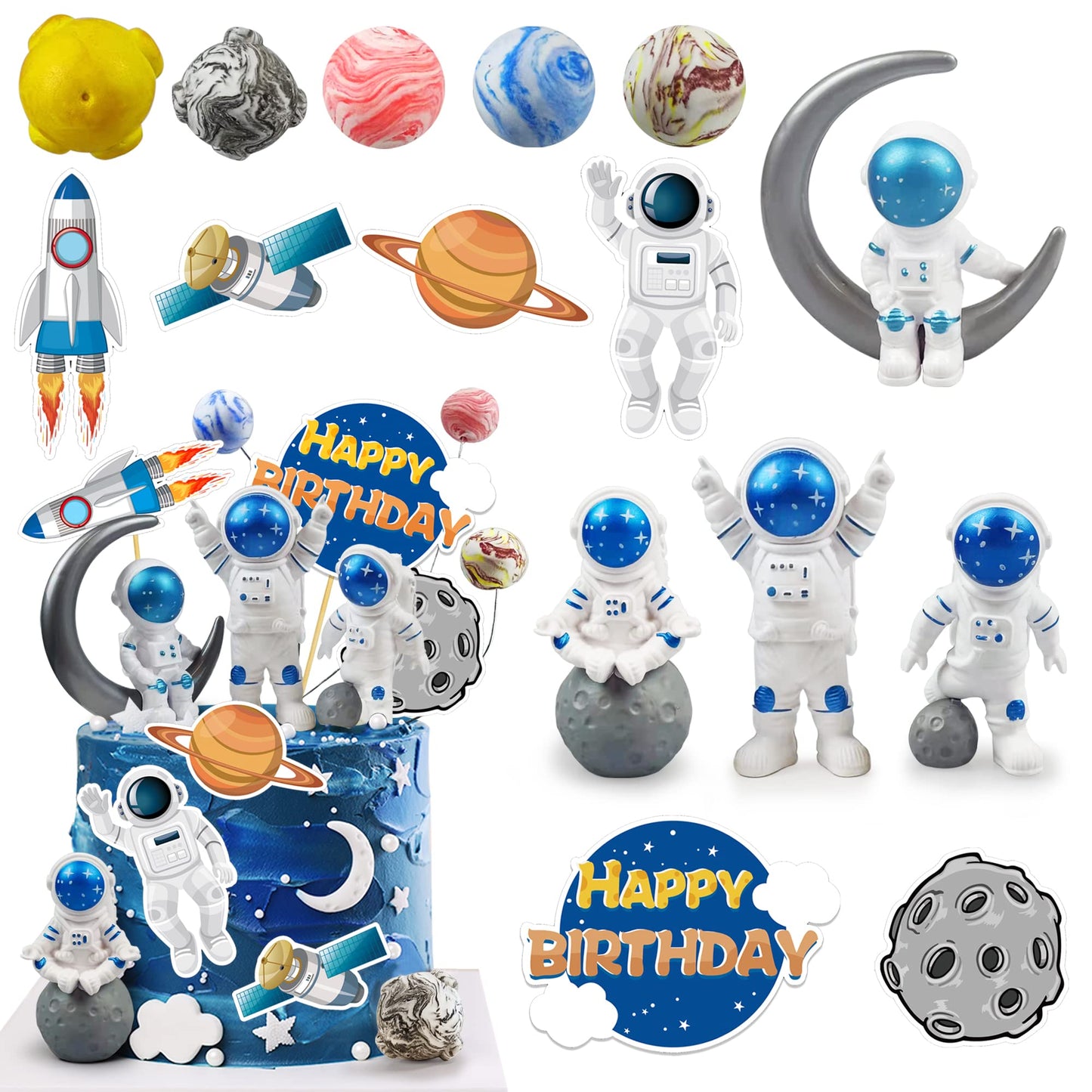 Astronaut Figurines Space Cake Toppers Astronaut Planet Rocket Satellite and Star Space DIY Cake Toppers for Space Theme Party Birthday Party Baby