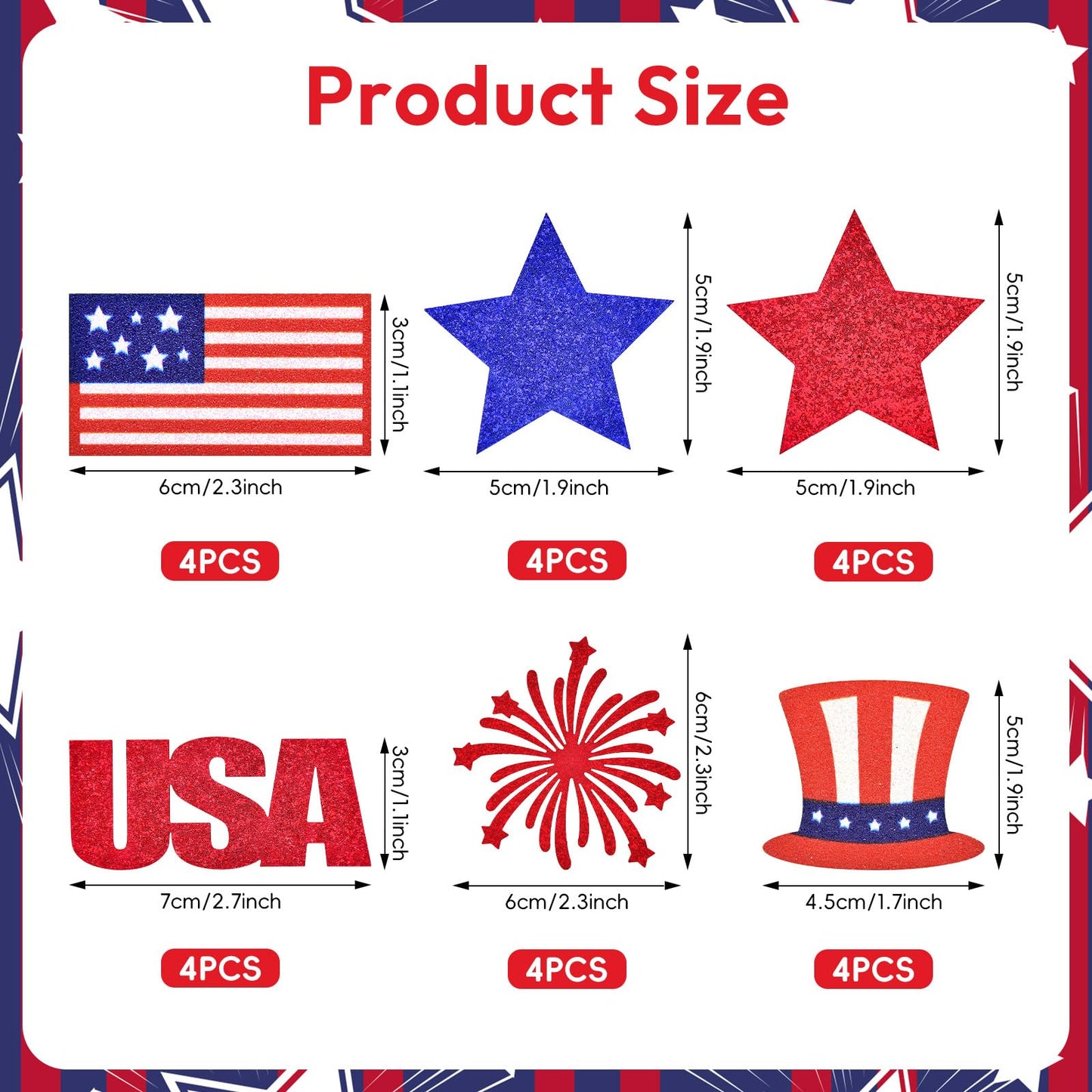 24 Pcs 4th of July Cupcake Toppers - Patriotic Red White Blue Glitter USA Cake Toppers with American Flag, Star and Firework Designs for Independence