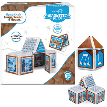 CreateOn Hanukkah Gingerbread House - 16-Piece Set Magnetic Building Tiles Kit, Hanukkah Holiday Craft Toy, 16-Piece Magnetic Construction & Coloring