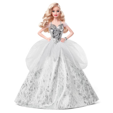 Barbie Signature 2021 Holiday Doll (12-inch, Blonde Wavy Hair) in Silver Gown, with Doll Stand and Certificate of Authenticity, Gift for 6 Year Olds
