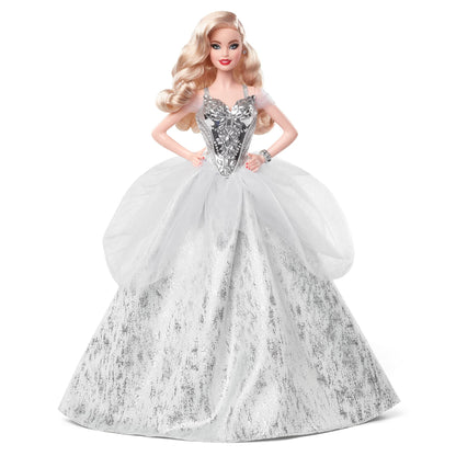 Barbie Signature 2021 Holiday Doll (12-inch, Blonde Wavy Hair) in Silver Gown, with Doll Stand and Certificate of Authenticity, Gift for 6 Year Olds