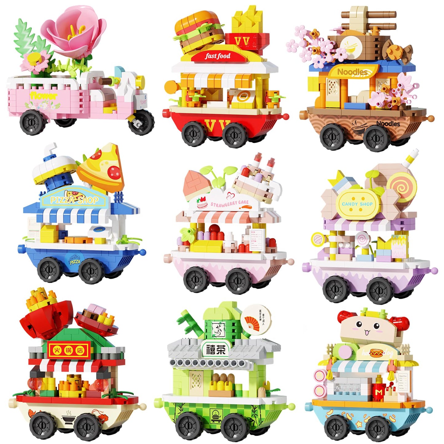 YCJZXMS 9-in-1 Kawaii Mini Building Blocks Set, Cute Food Shop DIY Model Kit, Pastel Aesthetic Desk Decor, Collectible Street Market Building Set