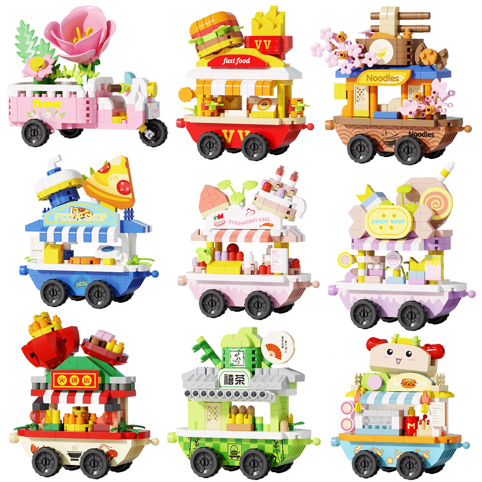 YCJZXMS 9-in-1 Kawaii Mini Building Blocks Set, Cute Food Shop DIY Model Kit, Pastel Aesthetic Desk Decor, Collectible Street Market Building Set