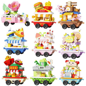 YCJZXMS 9-in-1 Kawaii Mini Building Blocks Set, Cute Food Shop DIY Model Kit, Pastel Aesthetic Desk Decor, Collectible Street Market Building Set