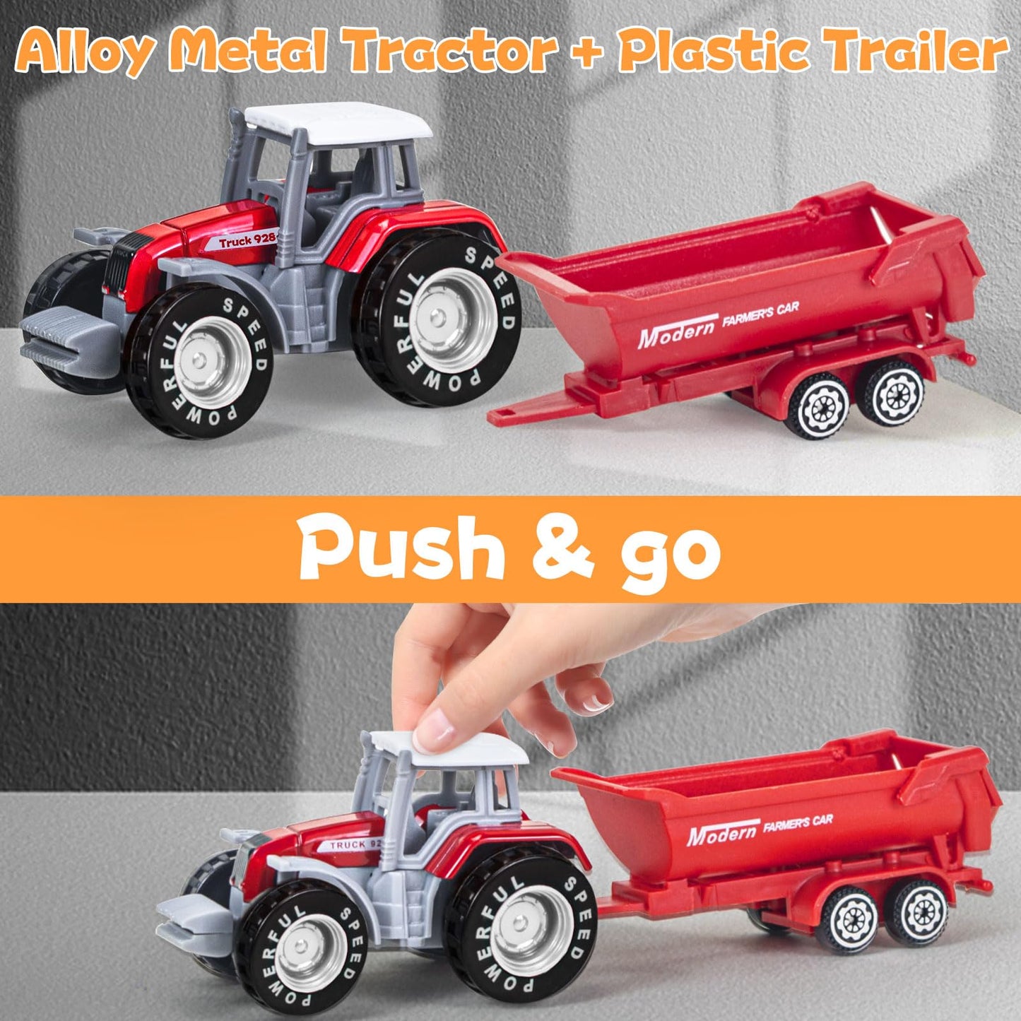 QUANA 4 Pack Farm Tractors, Plastic Farm Truck Toys for Kids Boys 3 4 5 6 7 8 Years Old, Detachable Farm Vehicles Playset Birthday Party Birthday