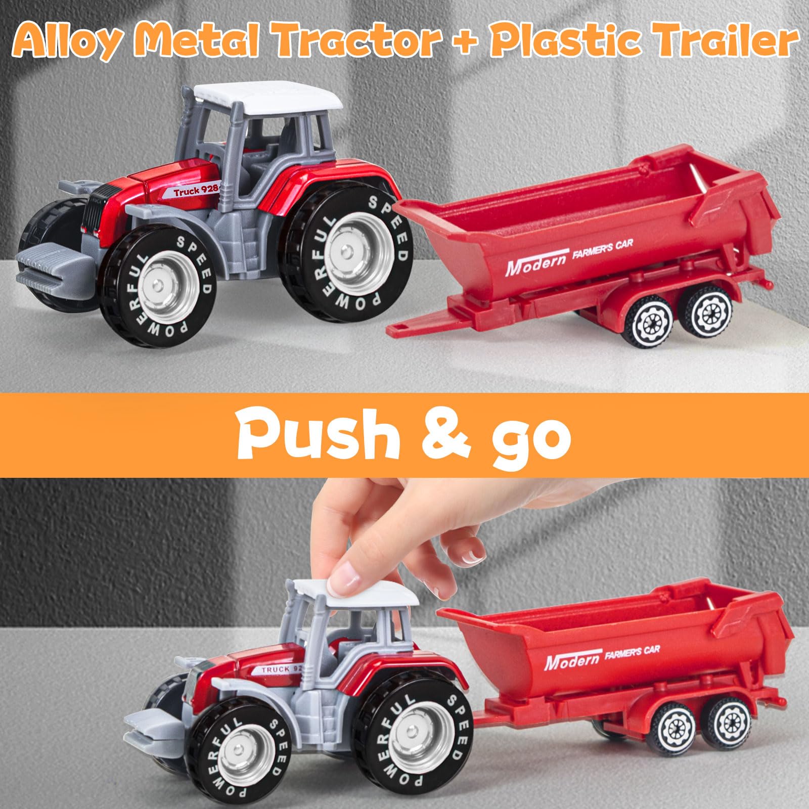 QUANA 4 Pack Farm Tractors, Plastic Farm Truck Toys for Kids Boys 3 4 5 6 7 8 Years Old, Detachable Farm Vehicles Playset Birthday Party Birthday