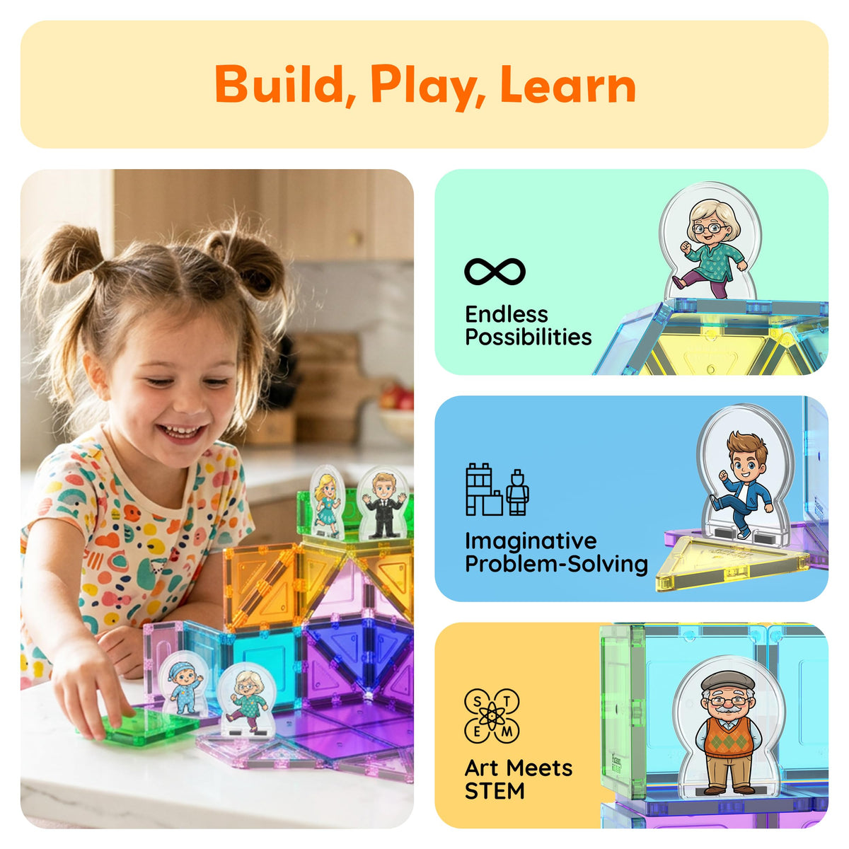 PicassoTiles 8pc Family Character Action Figures Accessory Add On Compatible with Magnet Tile Building Construction Sets STEM Pretend Play Educational