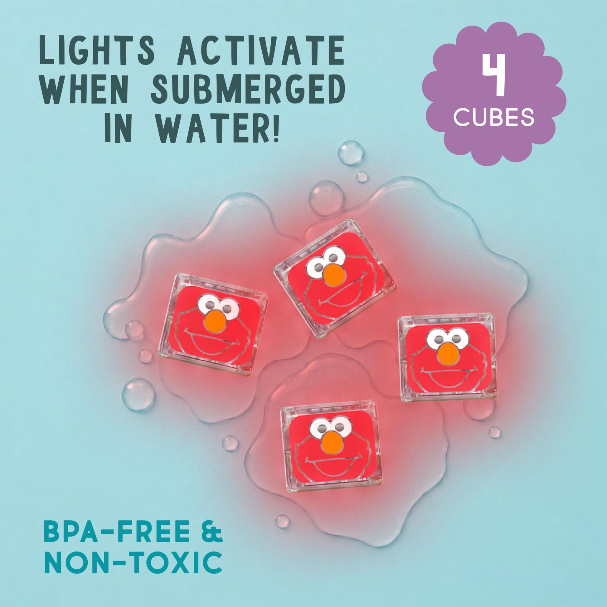 Glo Pals Water Sesame Street Activated Light-Up Sensory Bath Toy Reusable Cubes for Bathtime and Sensory Play, Elmo, Glows Red, Pack of 4