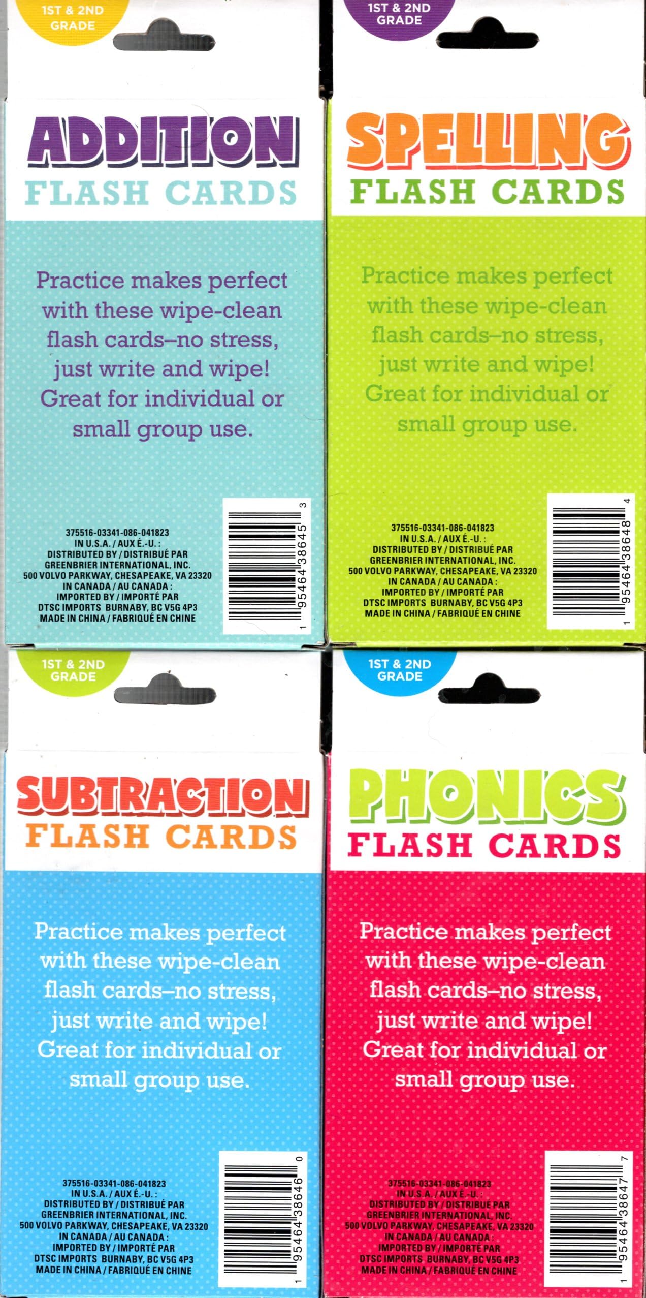 Learning Educational Flash Cards (Wipe Clean Again & Again) - Addition, Spelling, Subtraction, Phonecs - (Set of 4 Pack) 1st & 2nd Grade