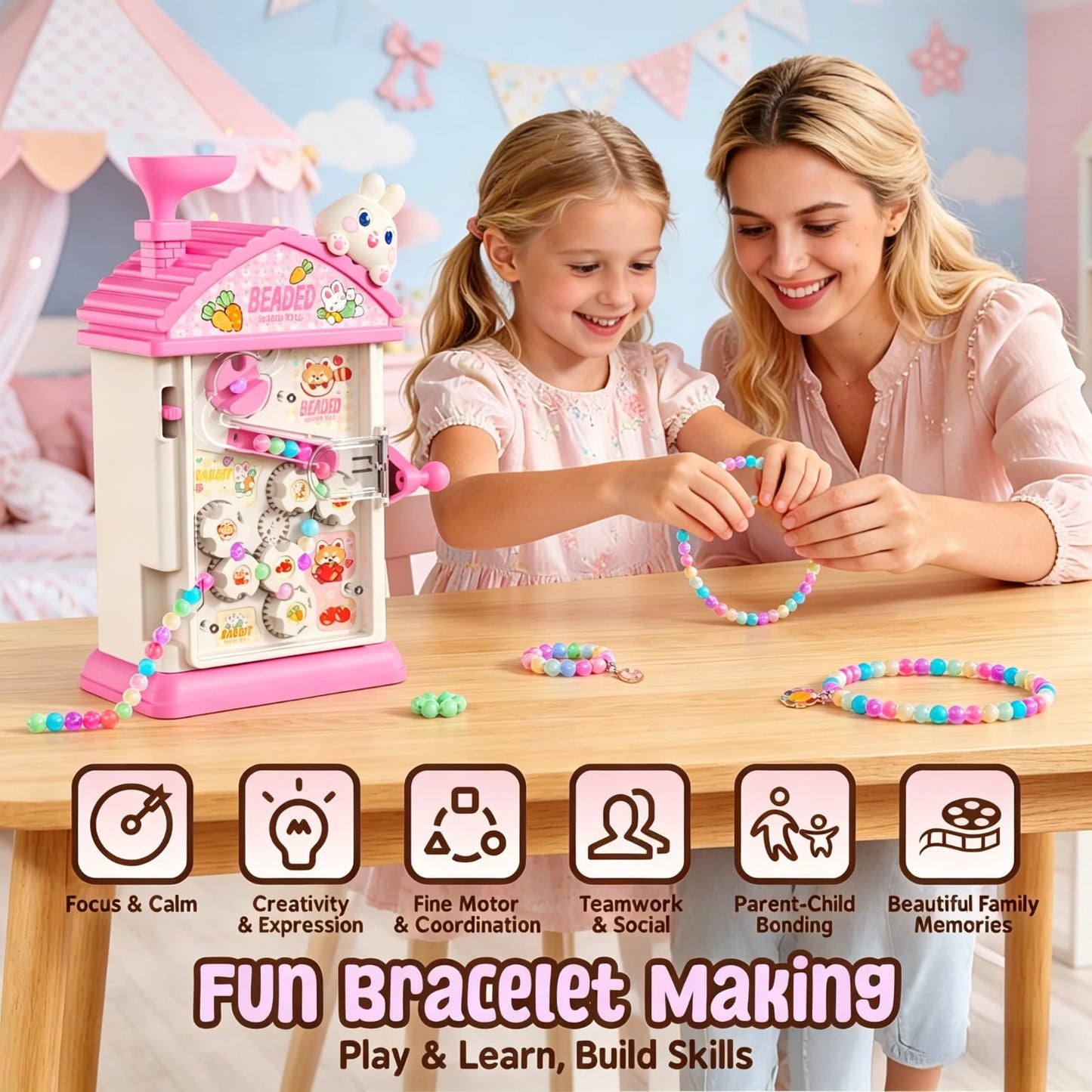 MAGTHIC Charm Bracelet Making Kit- Automatic Hand-Crank Pink House Toys that Inspires Creativity and Imagination, DIY Beaded Jewelry Maker Kit