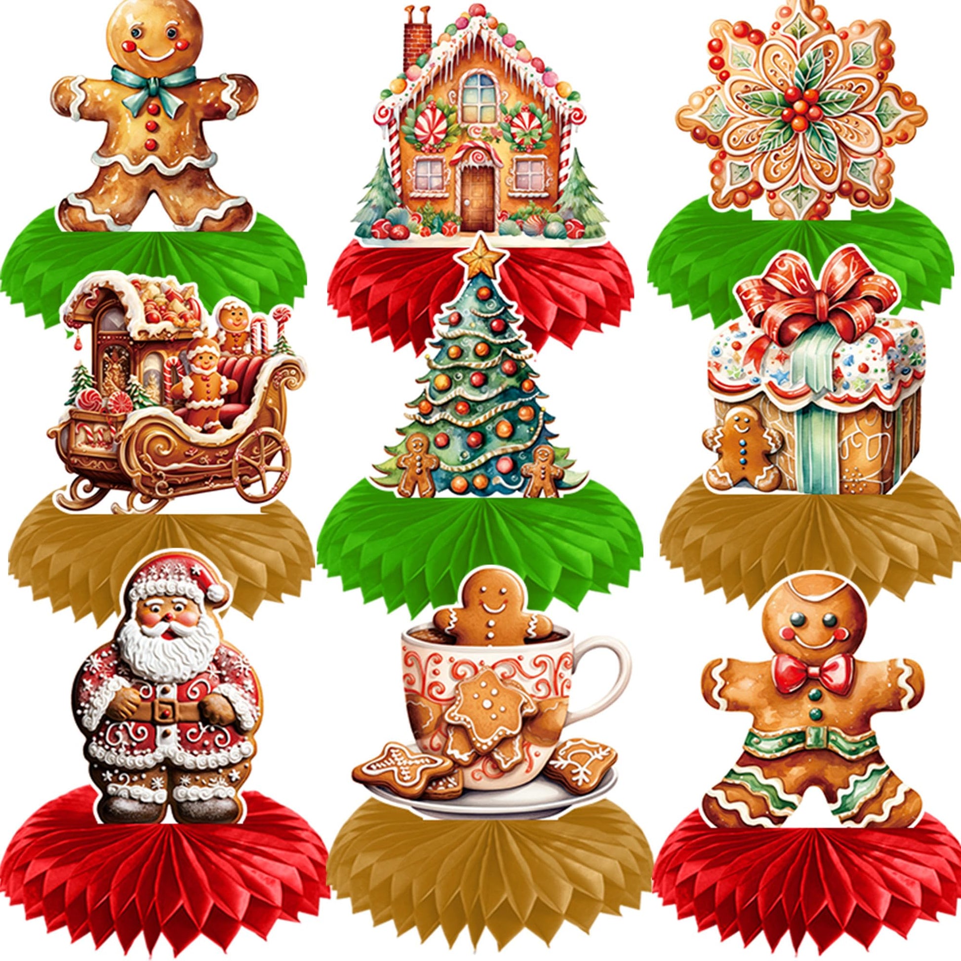 EUVBOKW 9 Pcs Gingerbread Honeycomb Centerpieces,Gingerbread House Party Decorations for Christmas Party Table Decor Holiday Favor Supplies