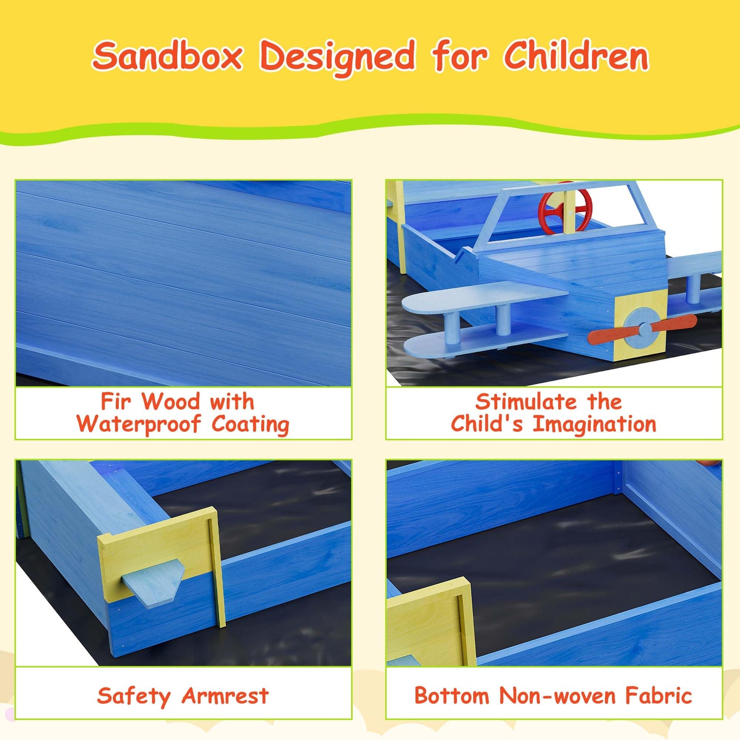 Wooden Sandbox, Outdoor Sand Box Bottom Liner, Adjustable Height & Rotatable Canopy for Ages 3-8, Spacious Kids Sand Pit for Beach, Patio, Backyard