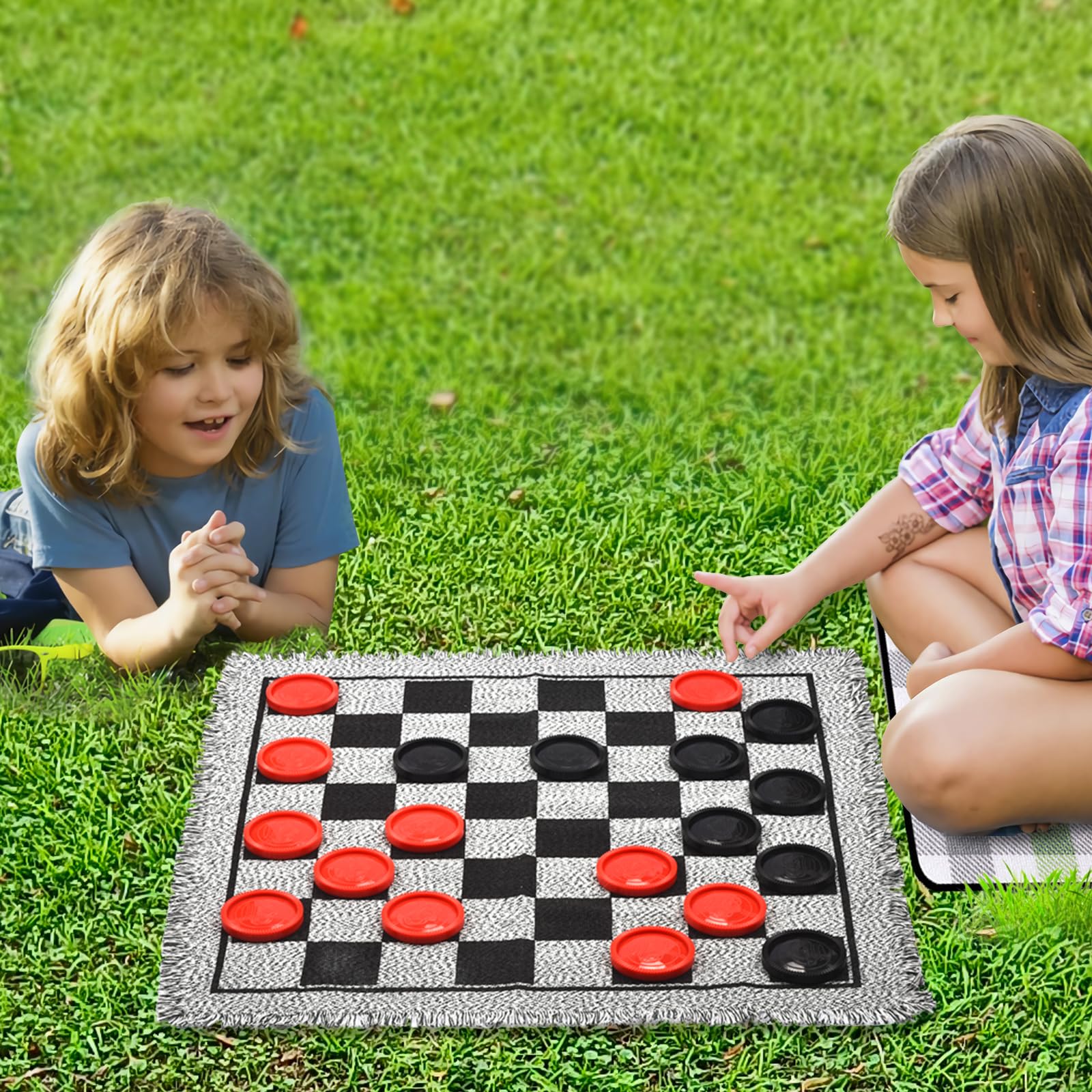 QuadPro Giant Checkers Board Game Set,3 in 1 Jumbo Tic Tac Toe Game,Classic Checkers Board Game for Kids & Adults,Large Checkers Rug Game Mat,Indoor