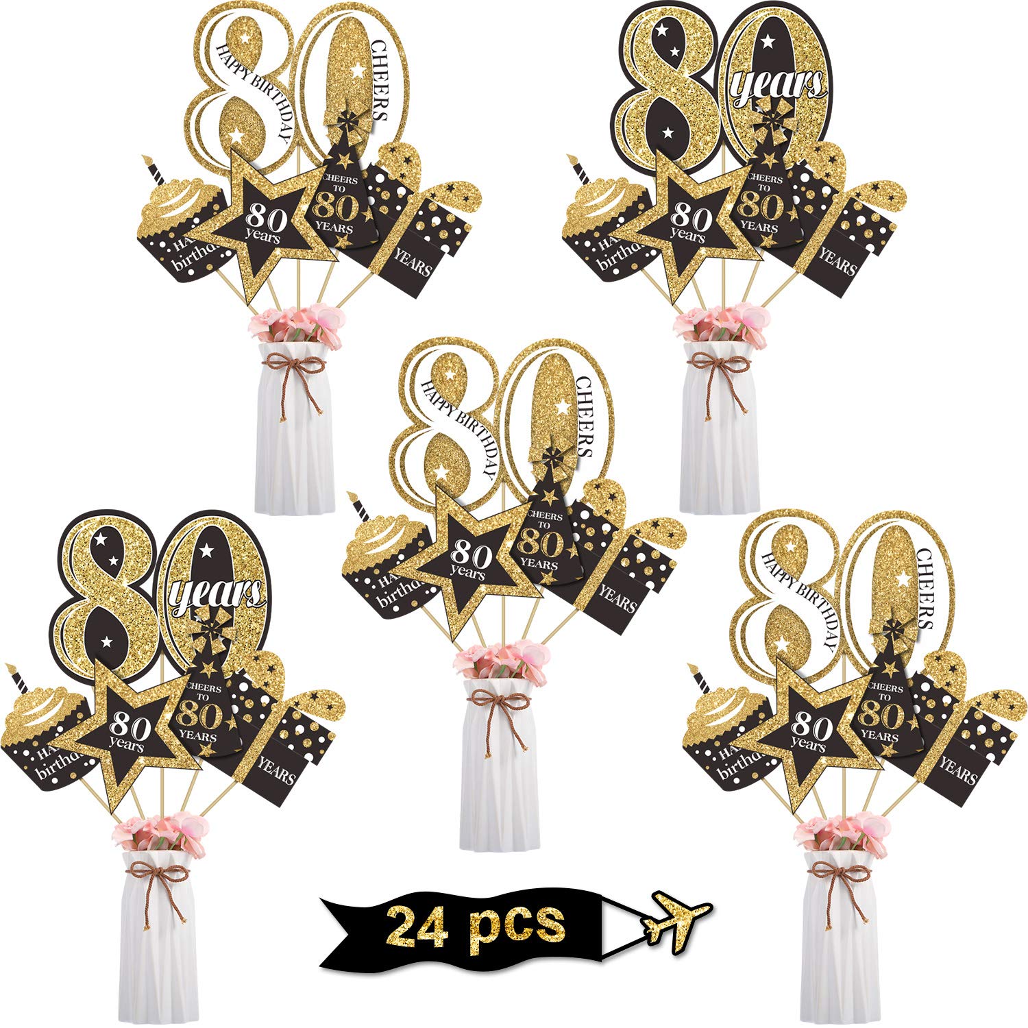 Blulu Birthday Party Decoration Set Golden Birthday Party Centerpiece Sticks Glitter Table Toppers Supplies, 24 Pack (80th)