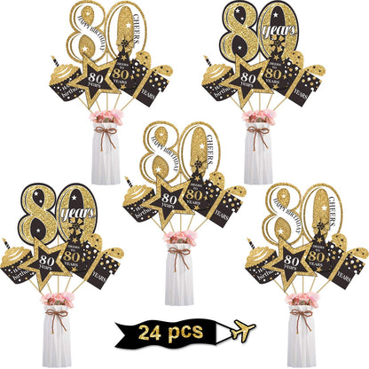Blulu Birthday Party Decoration Set Golden Birthday Party Centerpiece Sticks Glitter Table Toppers Supplies, 24 Pack (80th)