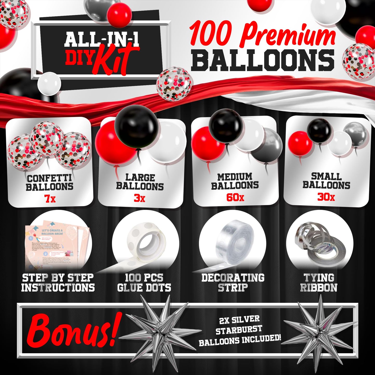 ALL-IN-1 Red Black and White Balloon Arch Kit for Red and Black Birthday Party Decorations - Reds and Blacks Balloons for White Black and Red Balloon