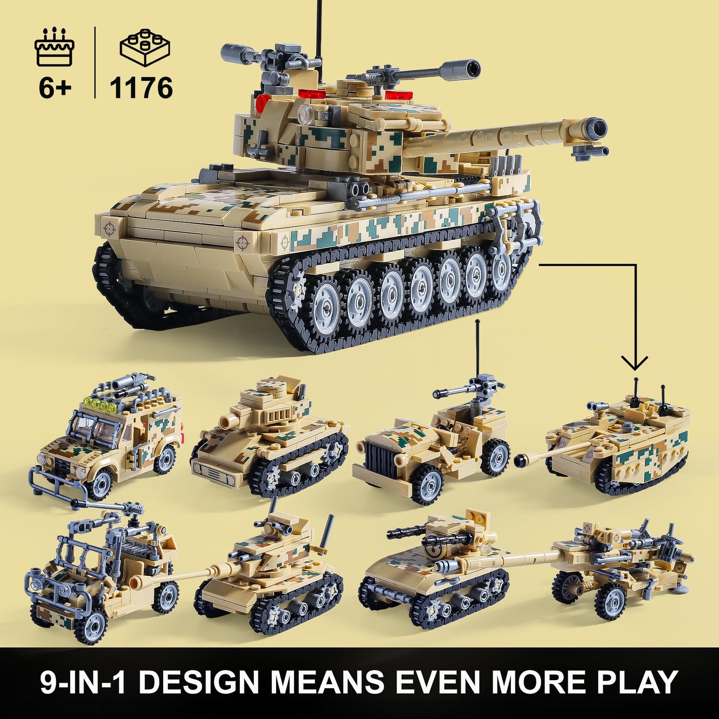 Military Tank Building Blocks Set Compatible with Lego, 1176-Piece 9 in 1 Army Vehicle Model with Rolling Tracks and Rotating Turret, Build, Play