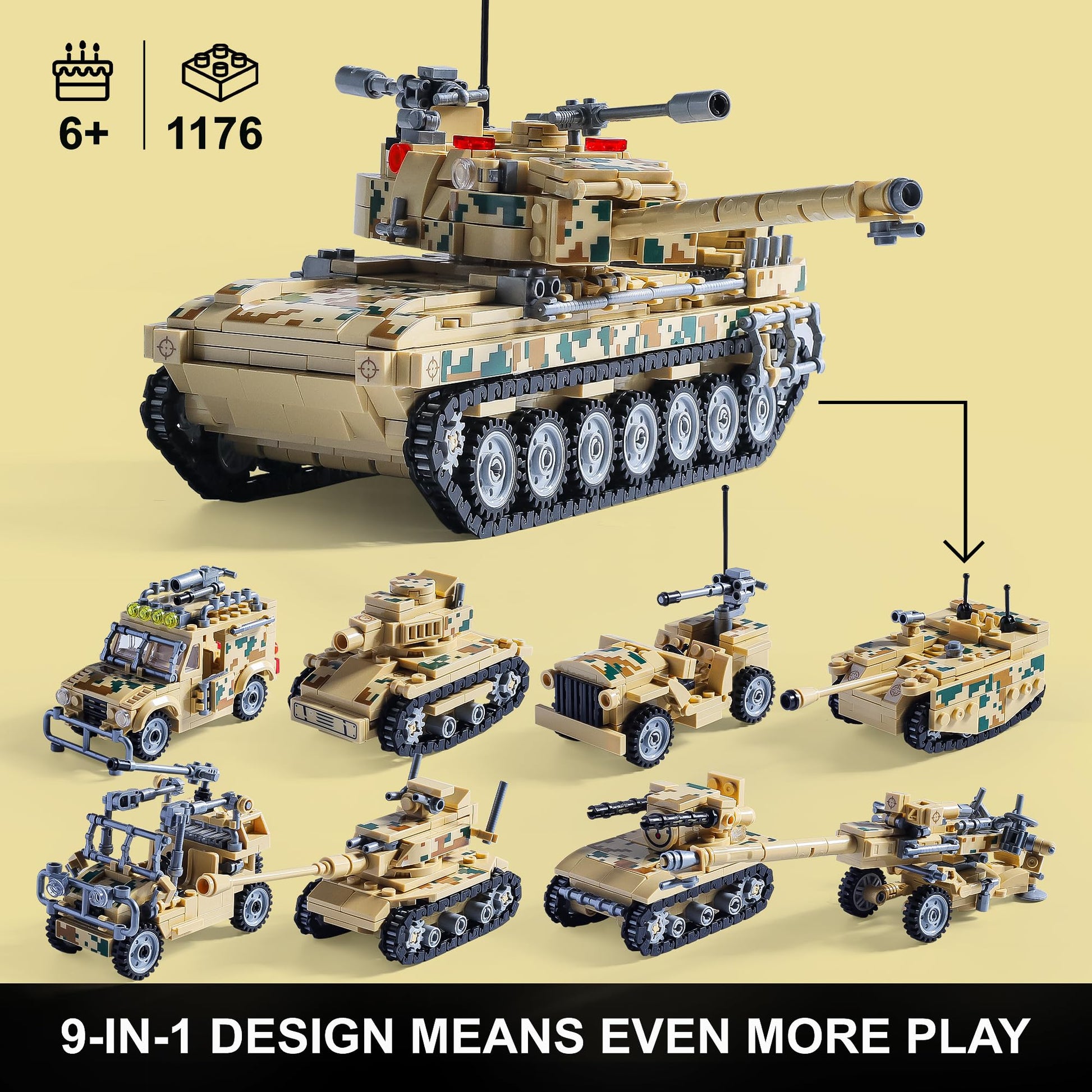 Military Tank Building Blocks Set Compatible with Lego, 1176-Piece 9 in 1 Army Vehicle Model with Rolling Tracks and Rotating Turret, Build, Play
