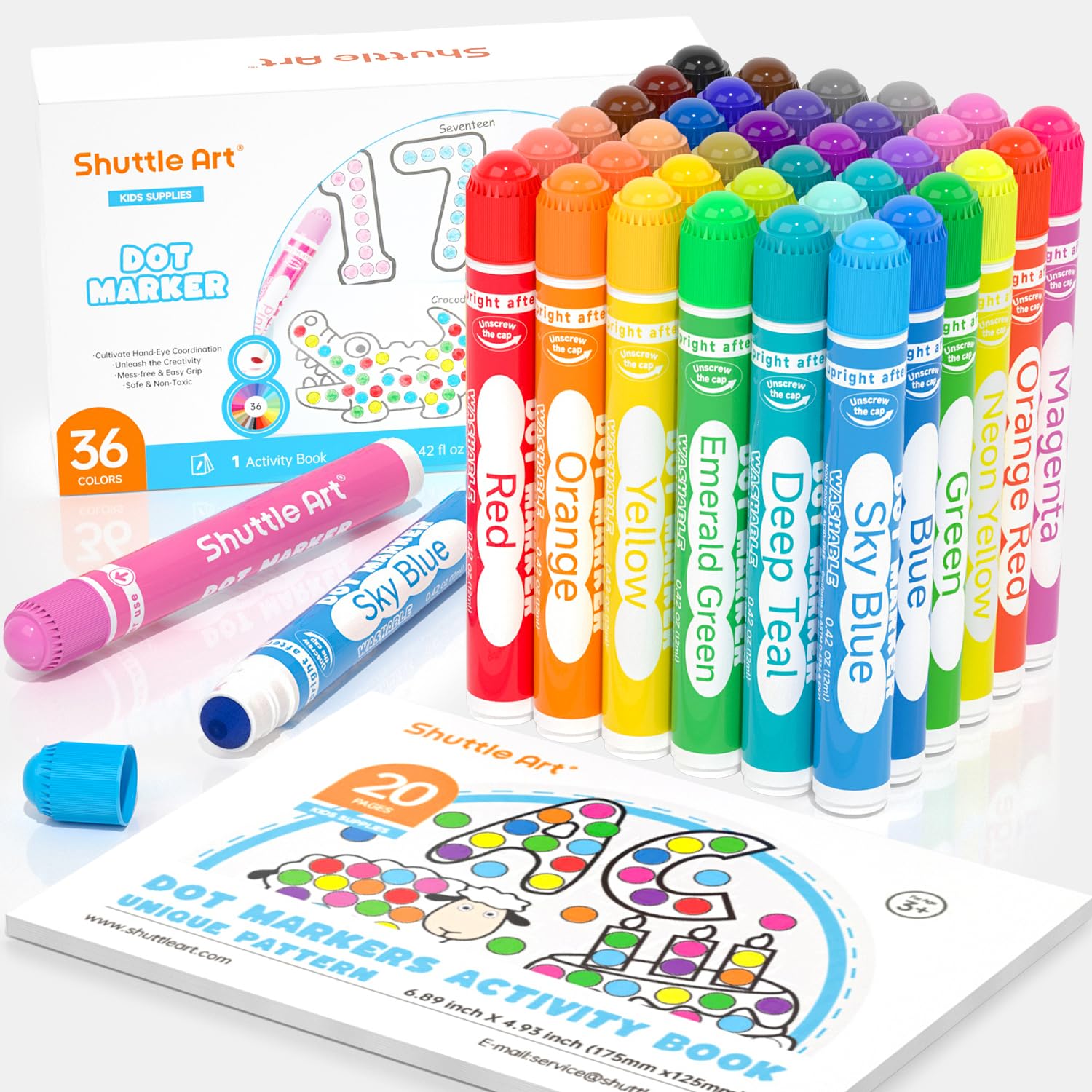 Shuttle Art Washable Dot Markers 36 Colors with Free Activity Book, Fun Art Supplies for Kids Toddlers and Preschoolers, Non Toxic Water-Based Paint