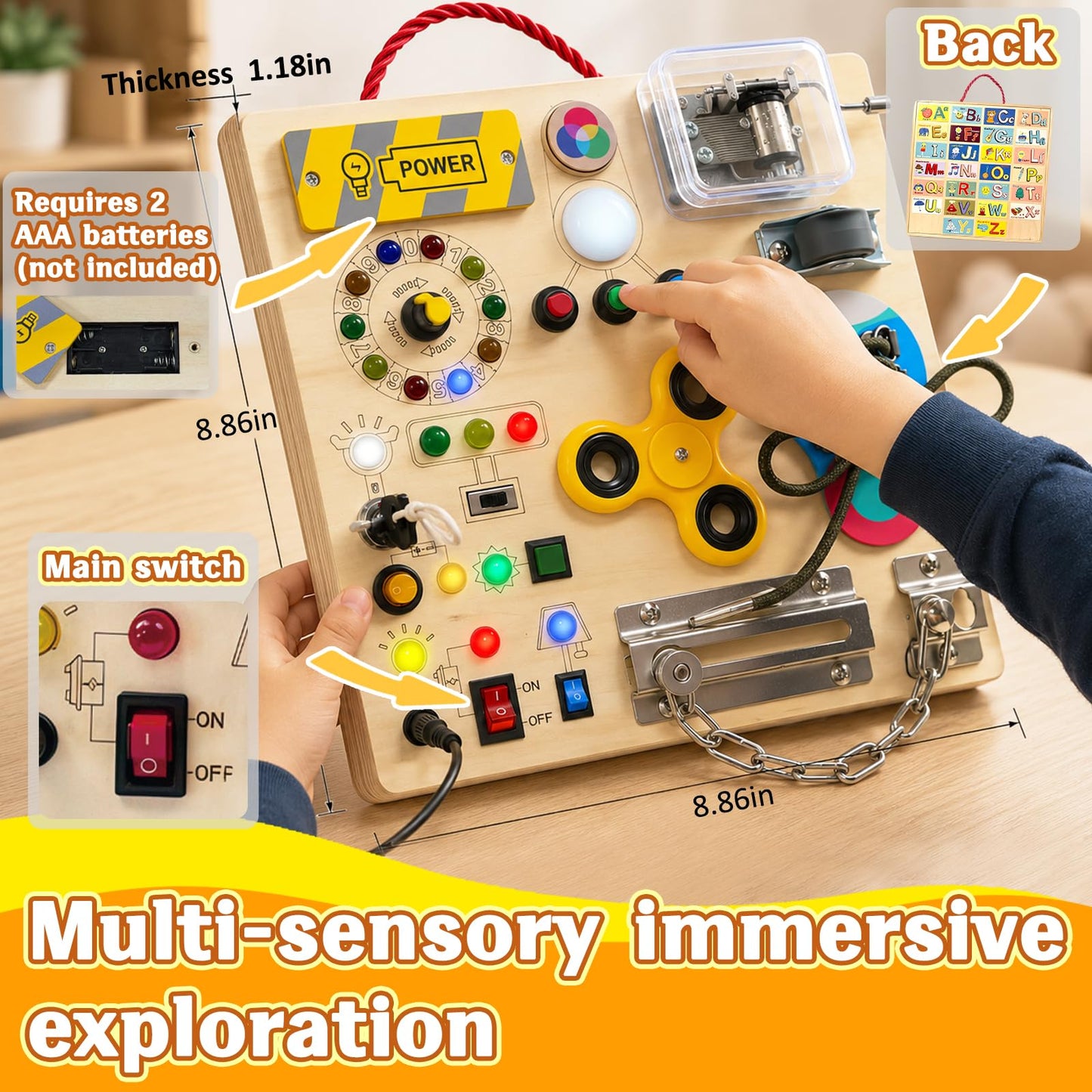 Busy Board with LED Light Switches, Montessori Toys for Toddlers 1-3, Wooden Sensory Activity Board, Travel Learning Toy for Boys & Girls, Educational