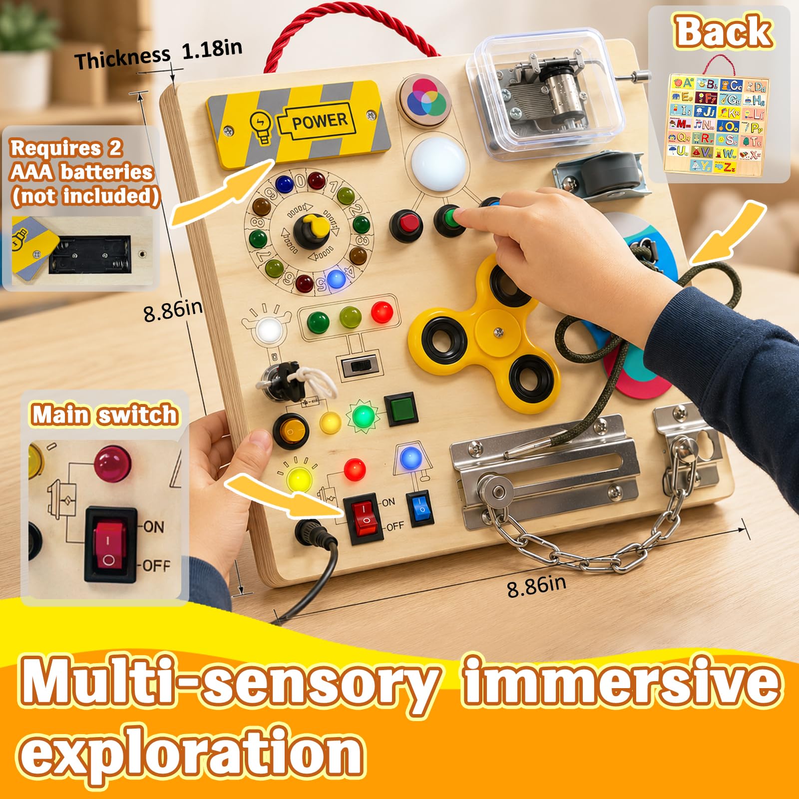 Busy Board with LED Light Switches, Montessori Toys for Toddlers 1-3, Wooden Sensory Activity Board, Travel Learning Toy for Boys & Girls, Educational