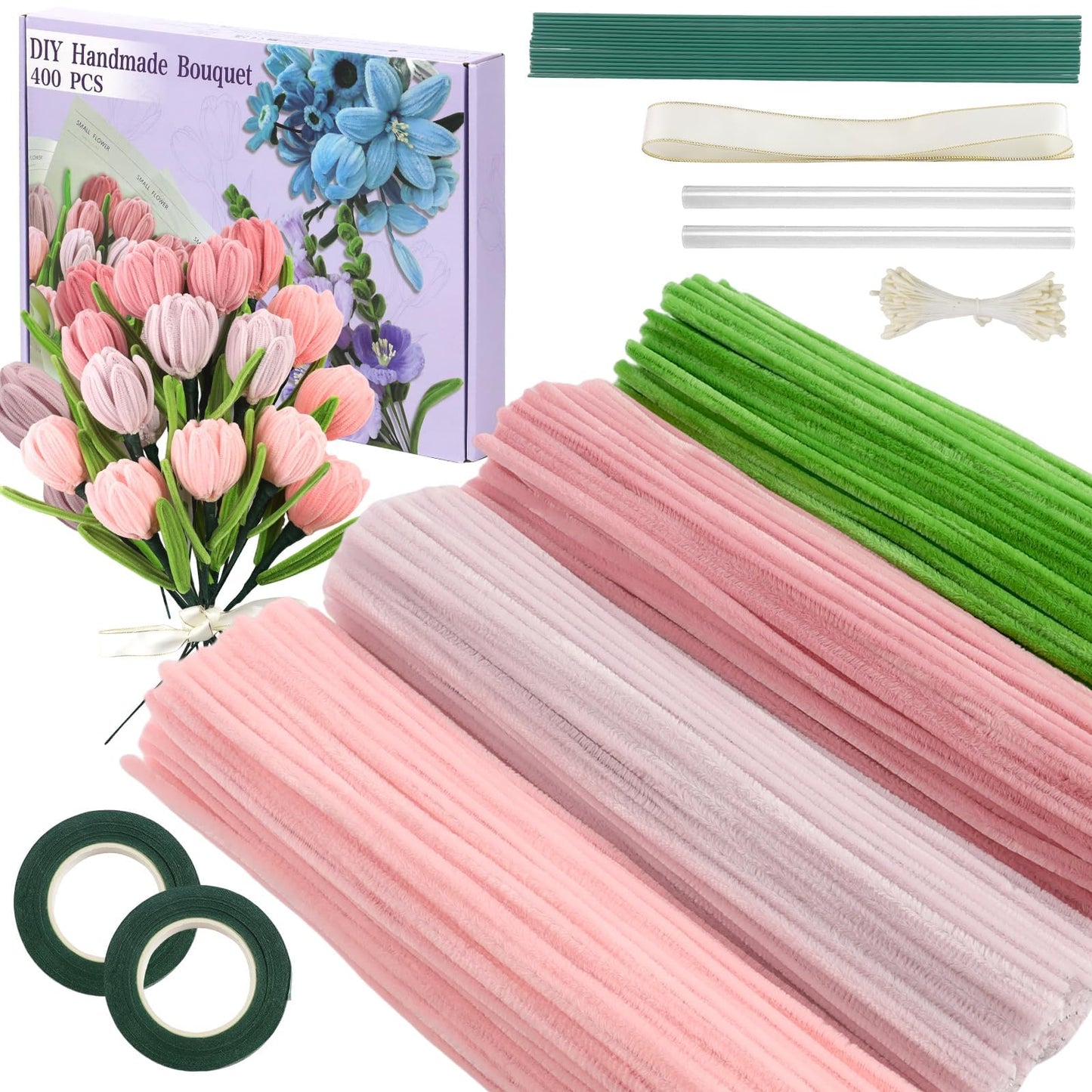 SYMHHA 450 Pcs Pipe Cleaners Craft Kit for Flower Making,5 Colors,Complete DIY Flower Craft Set with Chenille Stems,Craft