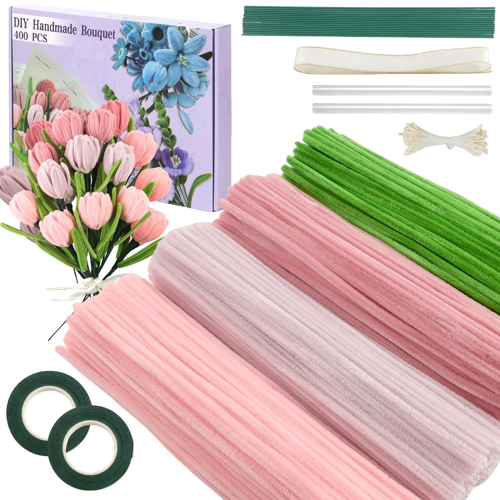 SYMHHA 450 Pcs Pipe Cleaners Craft Kit for Flower Making,5 Colors,Complete DIY Flower Craft Set with Chenille Stems,Craft