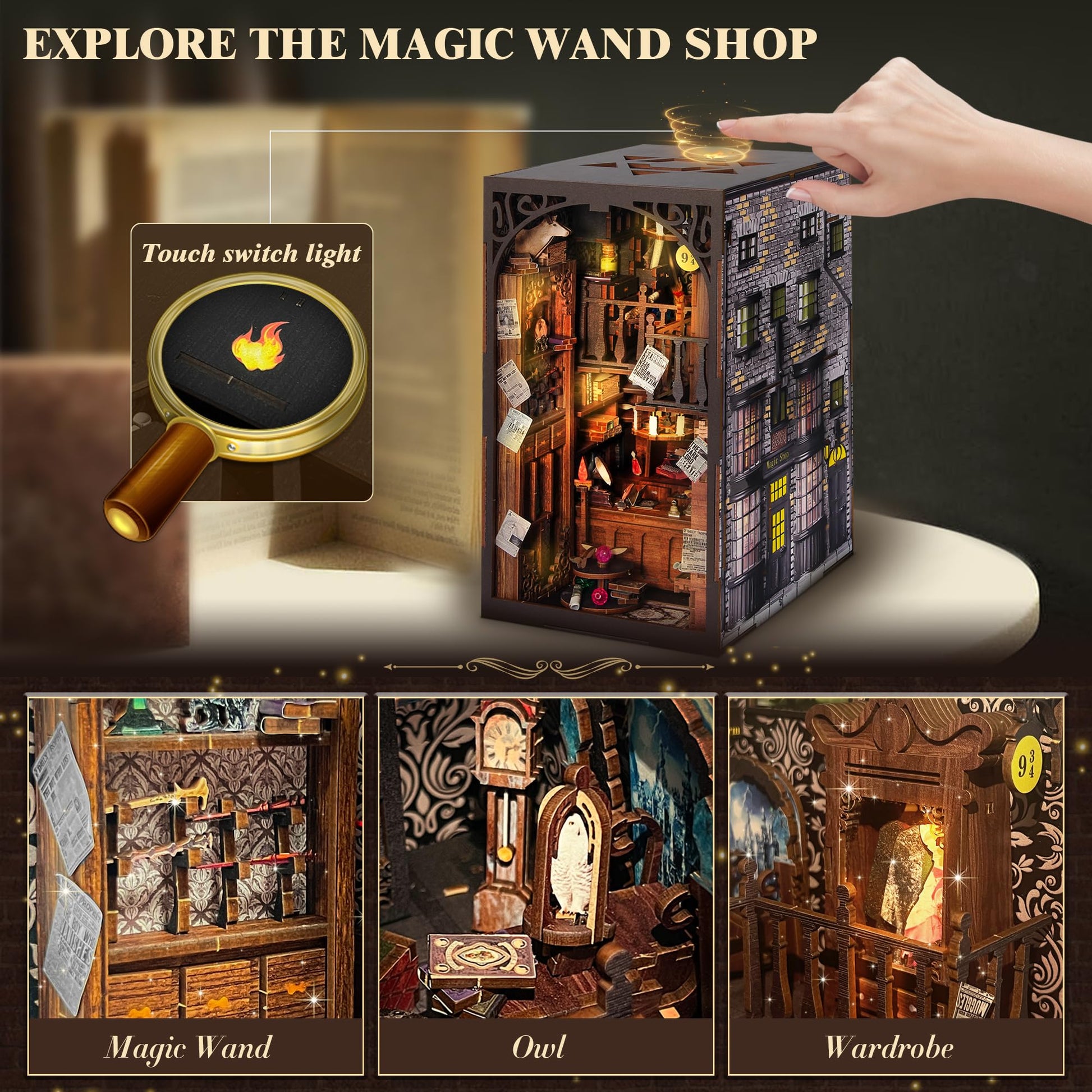 DIY Book Nook Kit, 3D Wooden Puzzle Miniature Booknook Bookend Bookshelf Decor with LED Light, Dust Cover, Book Nook Kits for Adults Teen Ideas