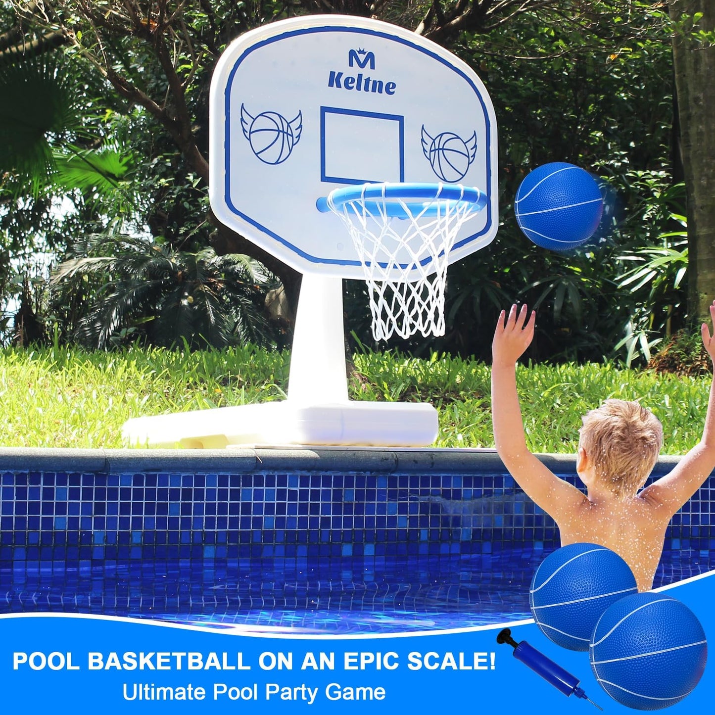 Pool Basketball Hoop, 34"x34"x42.2" Oversized Pool Toys with 2 Balls/Nets/Pump for Poolside Water Basketball Game, Pool Basketball Goal for Inround