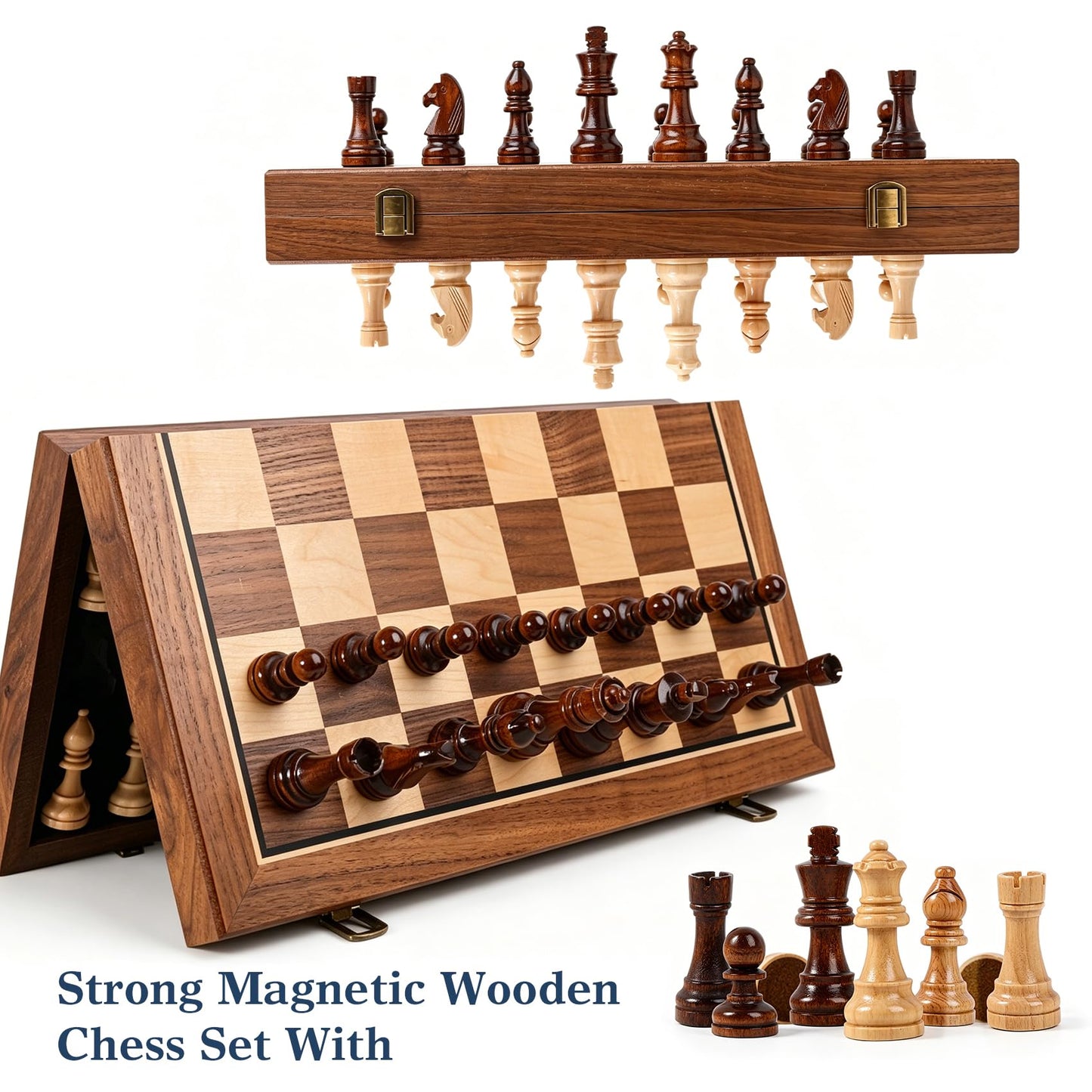 15 Inch Walnut Magnetic Chess Board Set for Adults Kids Wooden Chess, Folding Portable Travel Chess Game for Tournament Professional Beginner