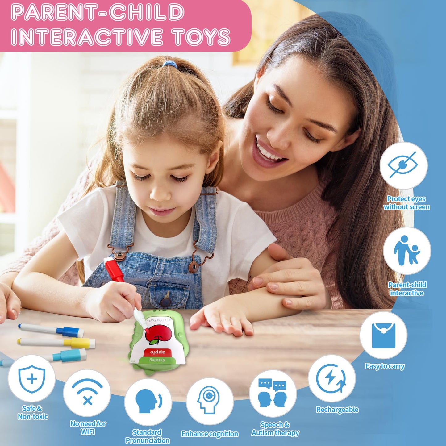 Reusable Writing & Drawing Talking Flash Cards for Toddlers 2-6, 336 Words Phonics Learning Toys with 8 Color Pens, Montessori Speech Therapy Autism