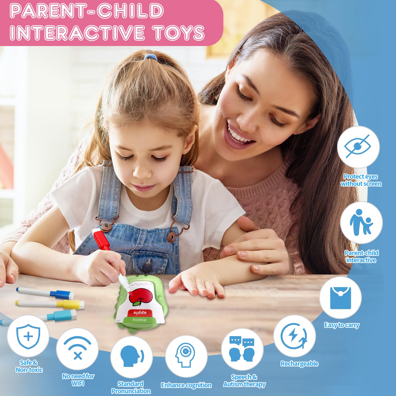 Reusable Writing & Drawing Talking Flash Cards for Toddlers 2-6, 336 Words Phonics Learning Toys with 8 Color Pens, Montessori Speech Therapy Autism