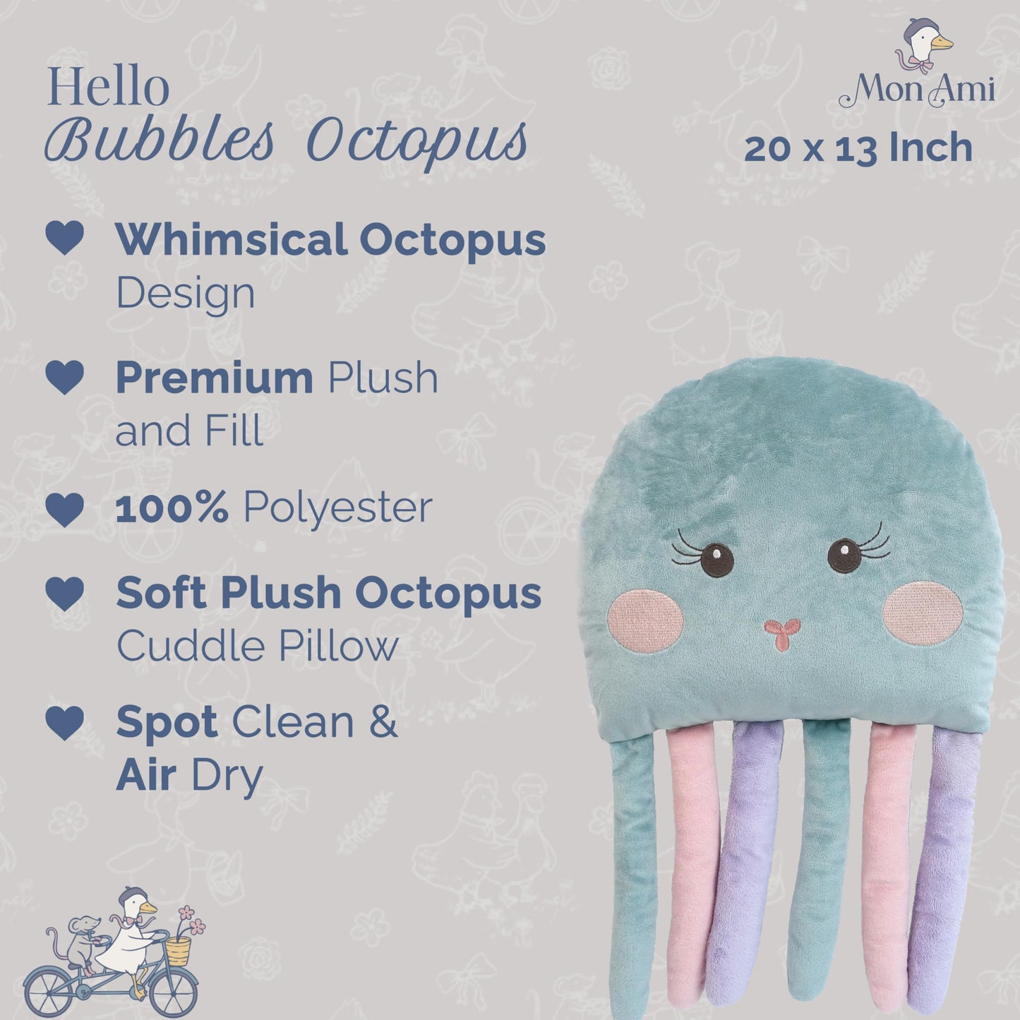 MON AMI Bubbles Octopus Accent Décor Pillow - 20x13”, Plush Stuffed Animal Hugging Pillow, Use as Toy or Room Decor, Great Gift for Kids of All Ages