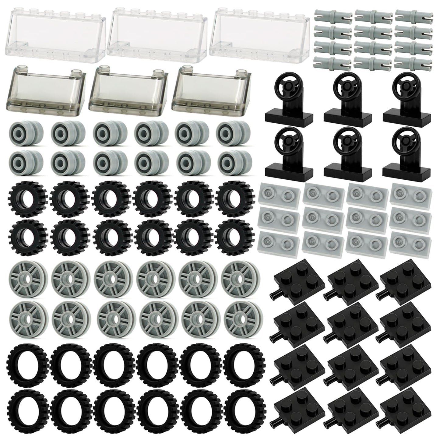 Pamvava Wheels and Axles Sets Tires, 102 Car Parts and Pieces, Windshield Steering Wheel Chassis Bricks Educational Toys