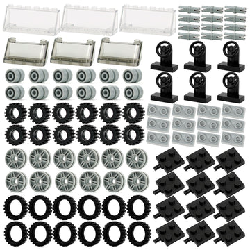 Pamvava Wheels and Axles Sets Tires, 102 Car Parts and Pieces, Windshield Steering Wheel Chassis Bricks Educational Toys