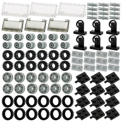 Pamvava Wheels and Axles Sets Tires, 102 Car Parts and Pieces, Windshield Steering Wheel Chassis Bricks Educational Toys