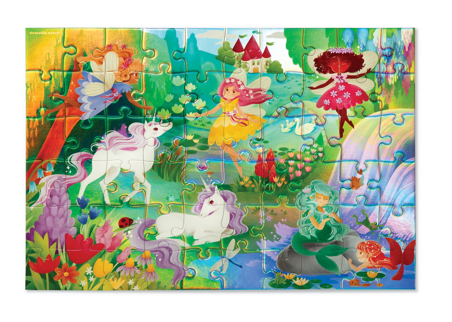 Crocodile Creek 60-Piece Holographic Foil Floor Puzzle for Kids Ages 4-8 and Up - Heavy-Duty Box for Storage - Magical Friends - 14” x 19” Finished