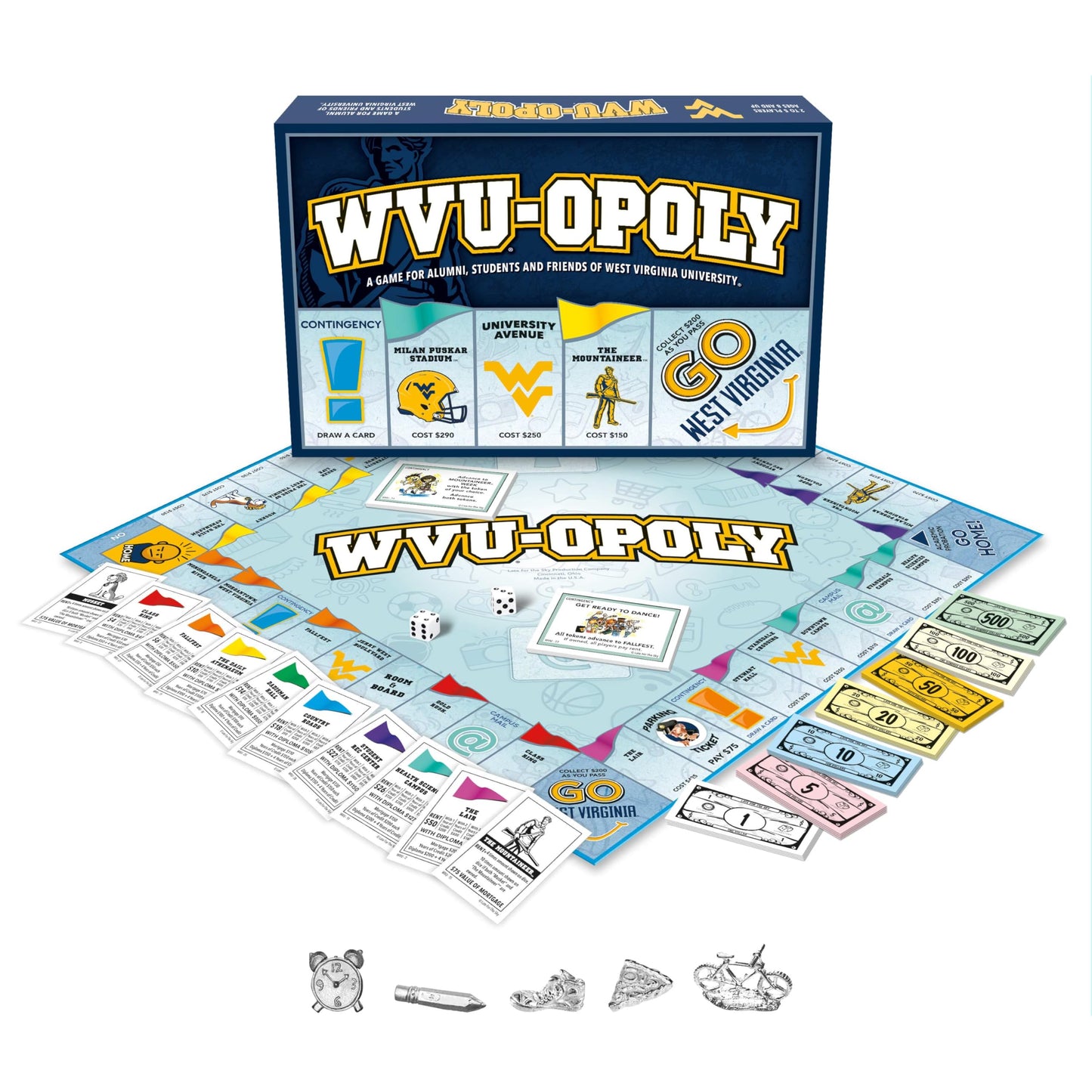 Late for the Sky West Virginia-Opoly Board Game - WVU Campus Edition, Family Strategy Game for 2-6 Players, College Town Tokens, Fast One-Hour or
