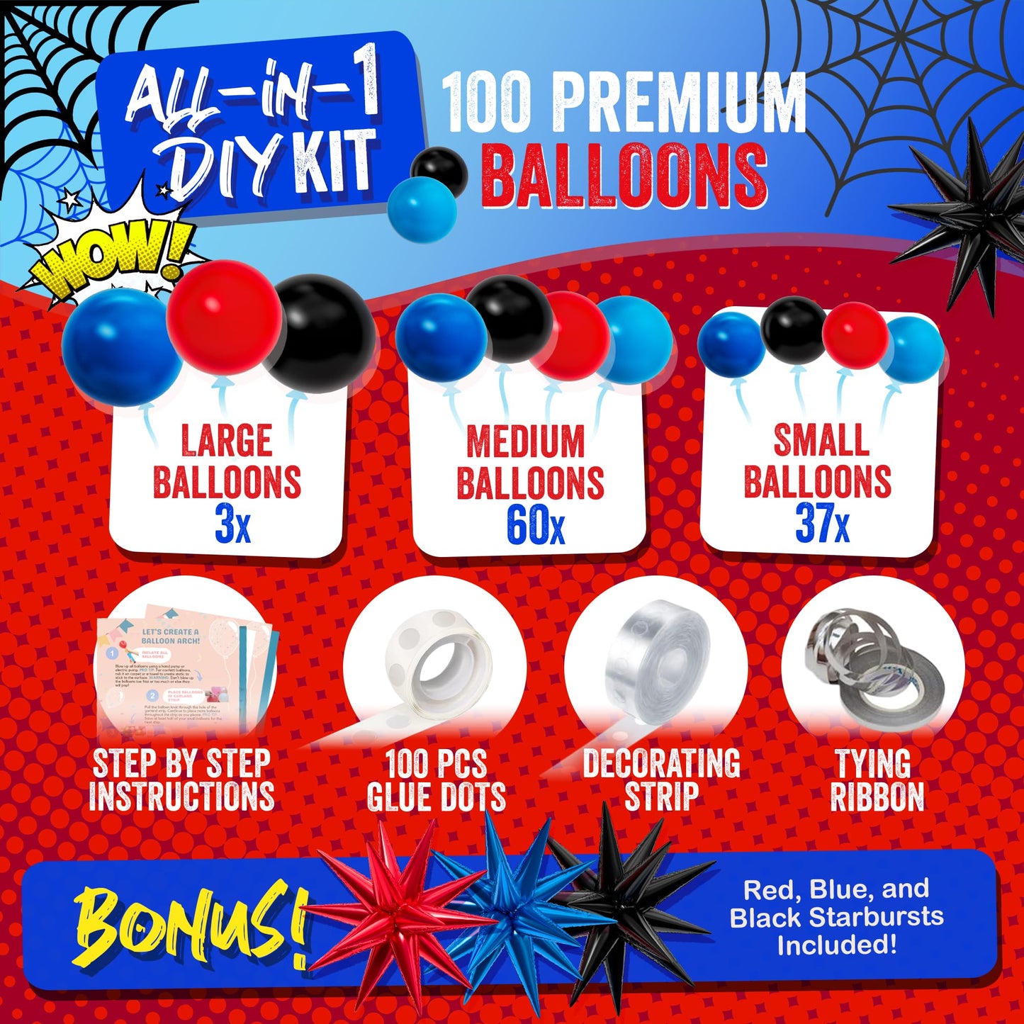 ALL-IN-1 Spider Balloon Arch Kit with BONUS Starburst for Spidy Birthday Decorations - Red Blue Spider Balloons for Spidy Man Party Decorations